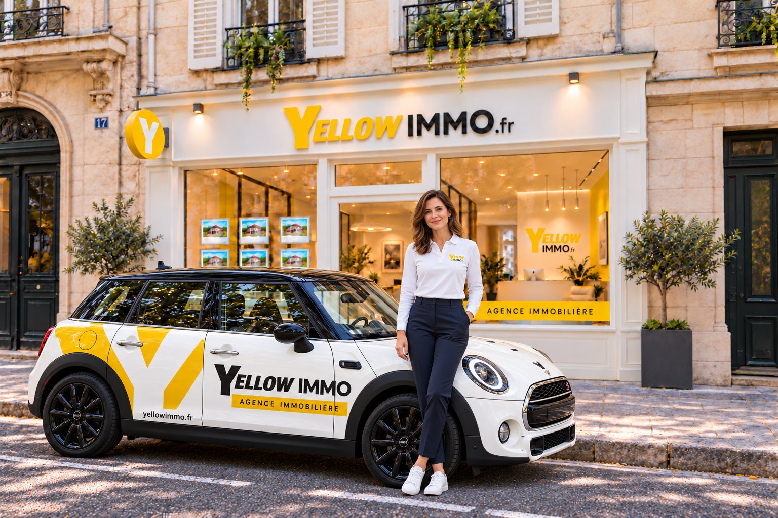 Une agence Yellow Immo : vitrine, voiture et tenue aux couleurs de la marque